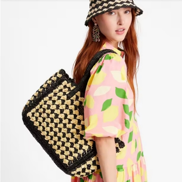 Kate Spade New York High Tide Striped Crochet Raffia Medium Tote Black and Light - Picture 6 of 6